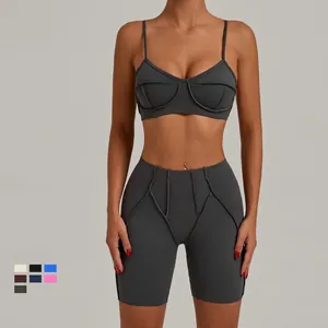 Ensemble de Yoga Haut Et Bas pour Femme Tenue de Sport Brossée Haute Élasticité Brassière Et Short de Cycliste Taille Haute