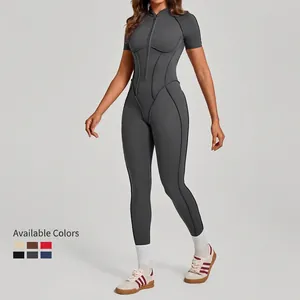 Short sleeve yoga jumpsuit with stand collar and zipper in dark grey high stretch fabric