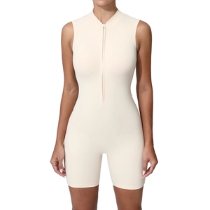 Combinaison de yoga sans manches pour femme avec fermeture éclair, body sport beige