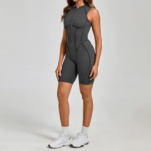 Tutina sportiva grigio scuro senza maniche da donna con zip frontale e cuciture modellanti