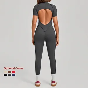 Women's backless short sleeve yoga jumpsuit in dark grey with slimming compression fit