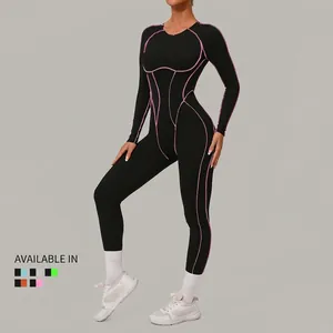 Combinaison de yoga à manches longues pour femme avec coutures contrastées