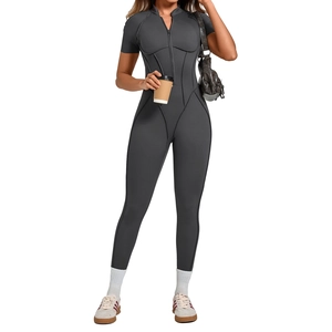 Women's dark grey short sleeve yoga catsuit with stand collar and front zipper