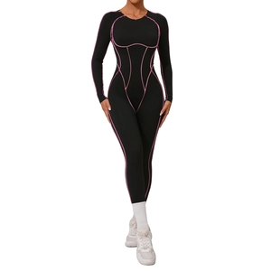 Combinaison de yoga noire à manches longues pour femme avec coutures roses contrastées