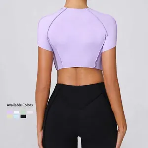 Haut de yoga court mauve à manches courtes avec coutures ergonomiques et 7 coloris au choix