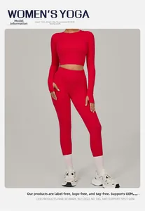 Red long-sleeve crop top with thumbholes and high-waist leggings yoga set details