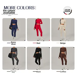 Detailed grid view of two-piece yoga sets in six colors with thumbhole sleeve design