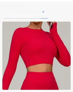 Detail of red slim fit crop top with long sleeves and elastic quick-dry fabric for gym