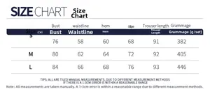 Detailed size chart for yoga and fitness set including bust waist and hip measurements