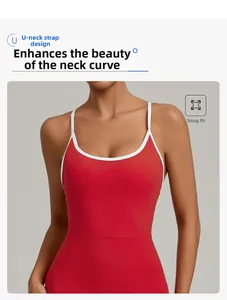 Detailansicht des Fitness-Bodysuits mit U-Ausschnitt, schmalen Trägern und Kontrastrand