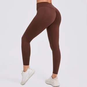 Detail van de donkerbruine legging met hoge taille en scrunch butt lift voor dames