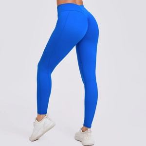 Detailweergave van de high waist scrunch butt yoga legging in koningsblauw met stretchstof