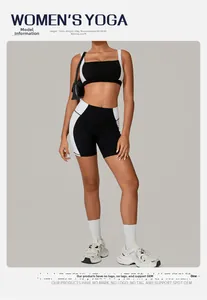 Detail of color-block racerback yoga set with slimming high-waist fitness shorts