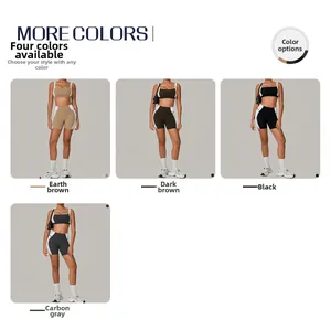 Sports set with crop top and cycling shorts in four colors: brown, black, and gray