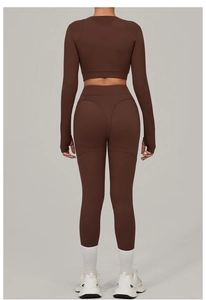 Rear view of brown yoga set with high-waist leggings featuring butt-lifting seam design