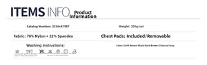 Detailed fabric chart showing 78% nylon 22% spandex blend with detachable pads info