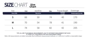 Size chart table for backless yoga set including S, M, L measurements in CM and grams