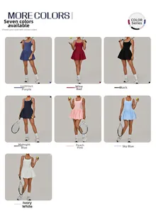 Collage of backless tennis dresses in seven colors with pleated skirts and athletic gear