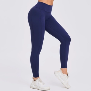 Donkerblauwe yoga broek met hoge taille en buikcontrole voor fitness en hardlopen