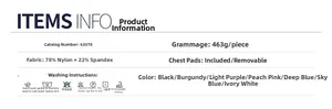 Detail specifications for sports dress with 78% nylon fabric and removable chest pads