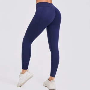 Donkerblauwe yoga broek met hoge taille en scrunch-effect voor buikcontrole