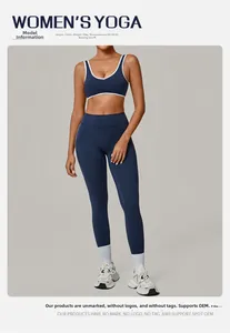 Detail of navy yoga set with white contrast trim and high-waist compression fit leggings