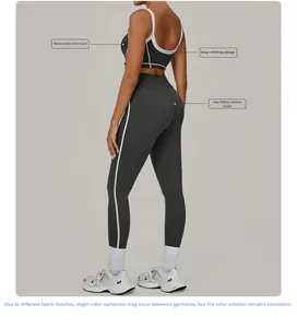 Detail von grauem Yoga-Set mit Kontrastpaspeln, herausnehmbaren Polstern und Push-up-Naht