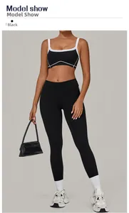 Detail-Modellansicht des schwarz-weißen Yoga-Sets mit kontrastierendem Sport-BH