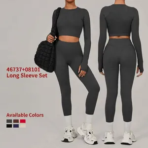 Women Sportswear Top And Bottom Long Sleeve Crop Top High Waist Seamless Leggings Workout Yoga Fitness Gym Gymwear Tracksuit