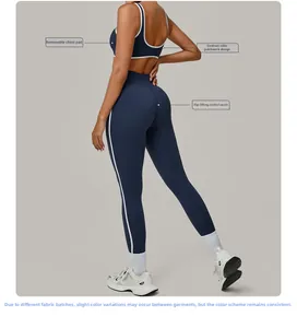 Side view of contrast trim yoga set featuring sports bra and high-waist leggings