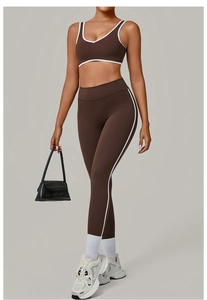 Detail view of coffee yoga set showing white contrast piping on high-waist leggings