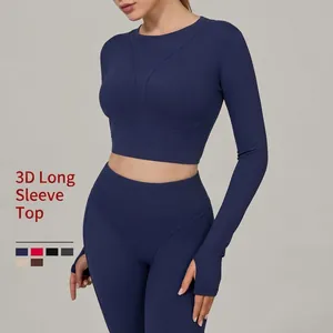 Haut de Yoga à Manches Longues pour Femmes Maillot de Sport Ajusté Avec Passants de Pouce Patchwork en Nylon Spandex Crop Top