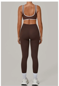 Detail view of the deep brown yoga set featuring a backless sports bra and high-waist leggings
