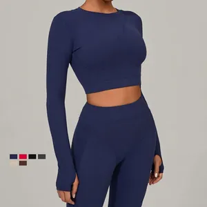 Ensemble de yoga sans couture pour femme avec haut court à manches longues bleu