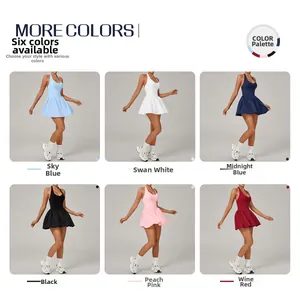 Collage of backless tennis dresses in six colors with a flared skirt and halter design