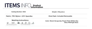 Detail specifications of athletic tennis dress with removable pads and fabric composition
