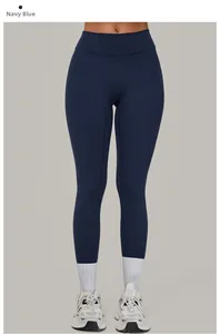 Detailansicht der dunkelblauen Yoga-Hose mit hoher Taille, Po-Lift-Effekt und schmaler Passform
