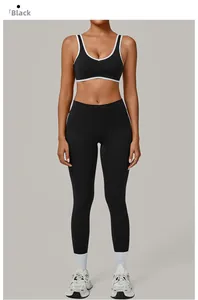 Detail of black seamless yoga set with white piping and high-waisted leggings