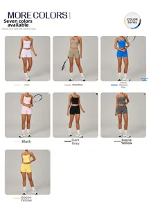 Collage showing seven different color options for the high-stretch yoga top and shorts set