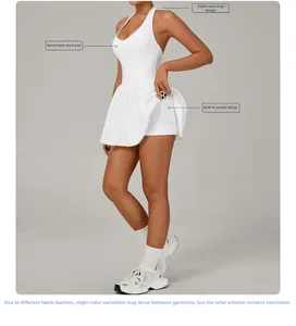 Detail of white tennis dress with halter neck ties and side pocket for phone