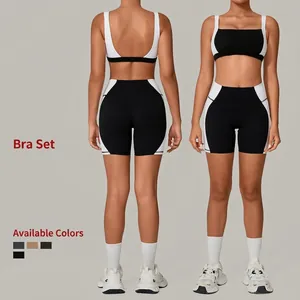 Women's Colorblock Yoga Top And Bottom Slim Fit Backless Sports Bra And High Waist Biker Shorts Gym Workout Set