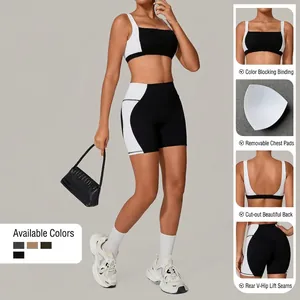 Women's backless yoga set featuring color block sports bra and high waist shorts