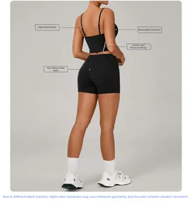 Macro detail of black yoga set featuring adjustable back buckle and lifted seam shorts