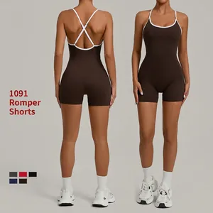 Damen Yoga Jumpsuit Kontrasteinfassung Überkreuzte Riemen Hüftstraffung Sportlicher Romper Enger Bodysuit Workout Einteiler
