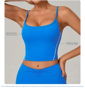 Detail of adjustable back clasp and contrast splicing on blue yoga sports bra