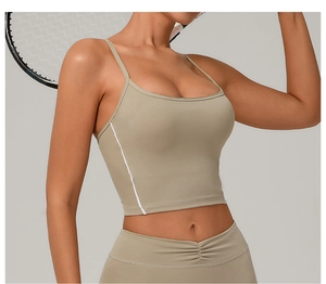 Close-up of khaki yoga vest with thin straps and white side stripes for fitness sports