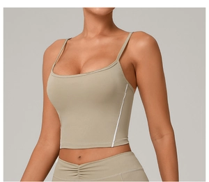 Close-up of adjustable double-strap yoga vest with white side contrast stitching