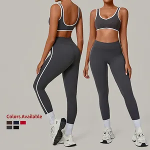 Women Contrast Binding Yoga Set High Waist Leggings and Sports Bra Top And Bottom Workout Outfit Athleisure Wear