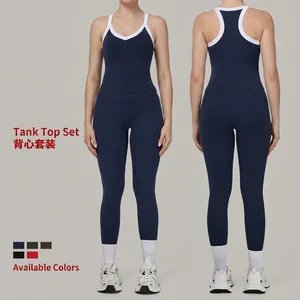 Dames Yoga Set Tweedelig Mouwloos V Hals Racerback Tanktop En Strakke Leggings Hoge Taille Contrast Bies Sportkleding Fitness Outfit
