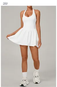 Detail of swan white halter neck pleated tennis dress with quick-dry athletic fabric